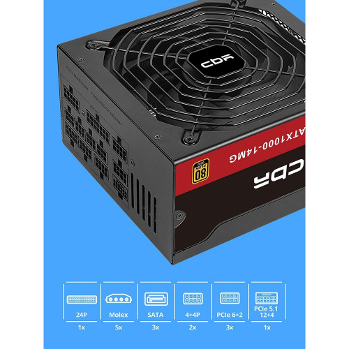 Блок питания CBR ATX 1000W 80+ Gold, Full Modular, DC-DC, APFC, 24pin, 1*PCIE5.1(12+4pin), 2*8-pin(4+4P), 3*6+2pin, 3*SATA, 5*IDE, 14cm fan, 1.5м кабель питания, черный PSU-ATX1000-14MG/14GM BOX