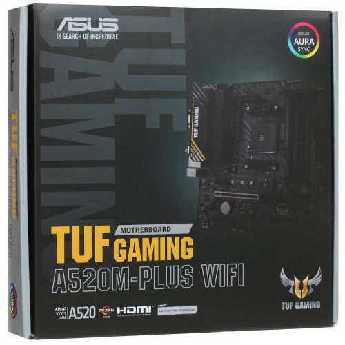 Материнская плата ASUS TUF GAMING A520M-PLUS WIFI (Socket AM4, mATX, 2xDDR4(128GB),  DP/VGA/HDMI, 1xPCIe 3.0x16/2xPCIe x1, 1xLAN, 4xSATA 6Gb/s, 1xM.2, BT, Wi-Fi ac, 4xUSB 3.2, 2xUSB 2.0, 1xPS/2)			