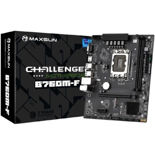 Материнская плата MAXSUN MS-Challenger B760M-F (Socket 1700, mATX, 2*DDR4, VGA/HDMI, 3*SATA3, 1*M.2, 1xPCI-E x16 /1xPCI-E x, 4*USB 2.0, 2*USB 3.2 Gen1 , LAN 1*1G, RTL)