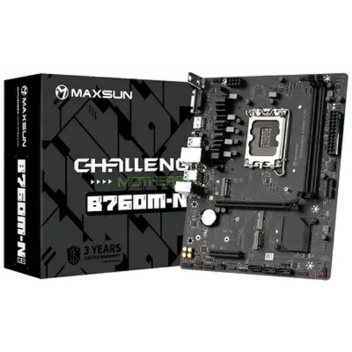 Материнская плата MAXSUN MS-Challenger B760M-N D5 V2 (Socket 1700, mATX, 2*DDR5, VGA/HDMI, 3*SATA3, 2*M.2, 1xPCI-E x16 /1xPCI-E x4, 4*USB 2.0,  2*USB 3.2 Gen1 , LAN 1*1G,  RTL)