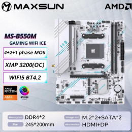 Материнская плата MAXSUN MS-B550M GAMING WIFI ICE (Socket AM4, mATX, 2*DDR4(64Gb), DP/HDMI,  3*SATA3, 2*M.2,  1*PCIEx16/1*PCIEx4, 4*USB2.0, 2*USB 3.0, LAN 1*1G, Bluetooth,  Wi-Fi 802.11ac, RTL)