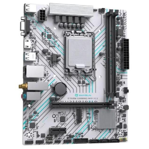 Материнская плата MAXSUN MS-B760M GAMING WIFI ICE (Socket 1700, mATX, 2*DDR4(64Gb), VGA/HDMI, 3*SATA3, 1*M.2, 1*PCIEx16/1*PCIEx1, 2*USB2.0, 4*USB 3.2, LAN 1*1G, Bluetooth,  Wi-Fi 802.11ac, ARGB, white, RTL)