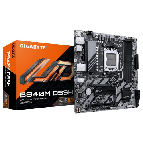 Материнская плата Gigabyte B840M DS3H Socket AM5, AMD B840, 4xDDR5-5200, HDMI+DP+DP, 2xPCI-Ex16, 4xSATA3(RAID 0/1/10), 2xM.2, 8 Ch Audio, 1x2,5GLan, (4+4)xUSB2.0, (2+2)xUSB3.2, (1+1)xUSB Type-C™, 1xPS/2, mATX RTL 